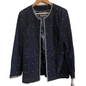 Pamela McCoy black leather suede jacket blazer Med contrast stitch perforated